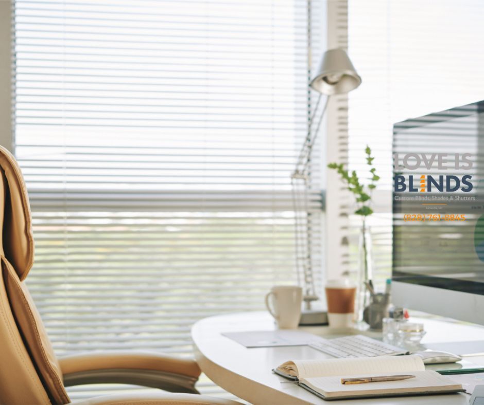 Office scene: Desk with computer, window with blinds, chair. Sunlight streams in.