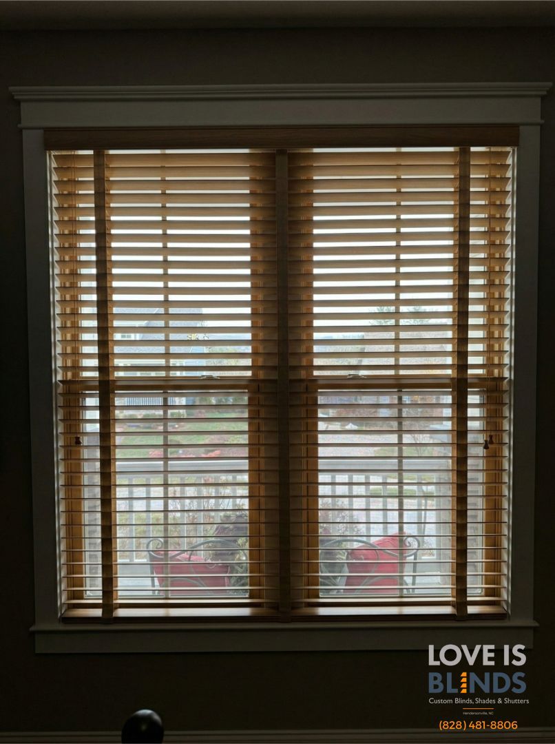 Window with wooden blinds, partially open. The exterior view includes plants and a building.
