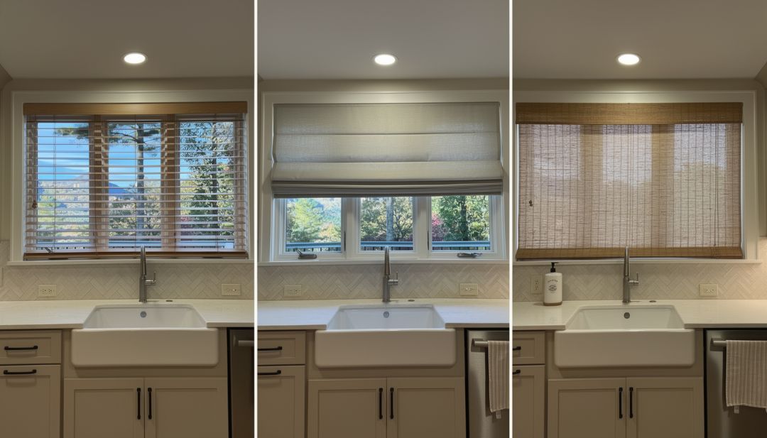 Kitchen sink with three window treatment options: wood blinds, Roman shade, and woven shade.