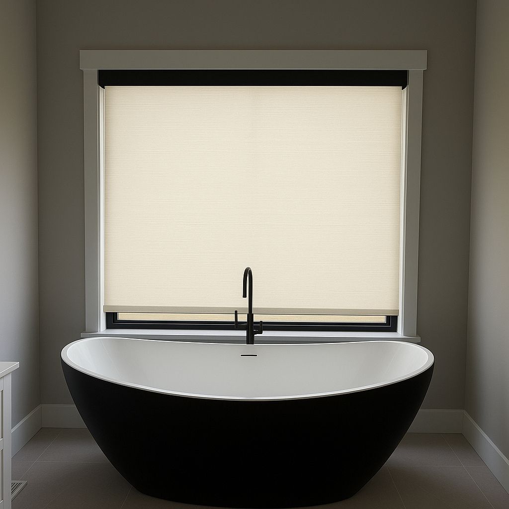 Black freestanding bathtub beneath a window with a closed beige roller shade in a bathroom