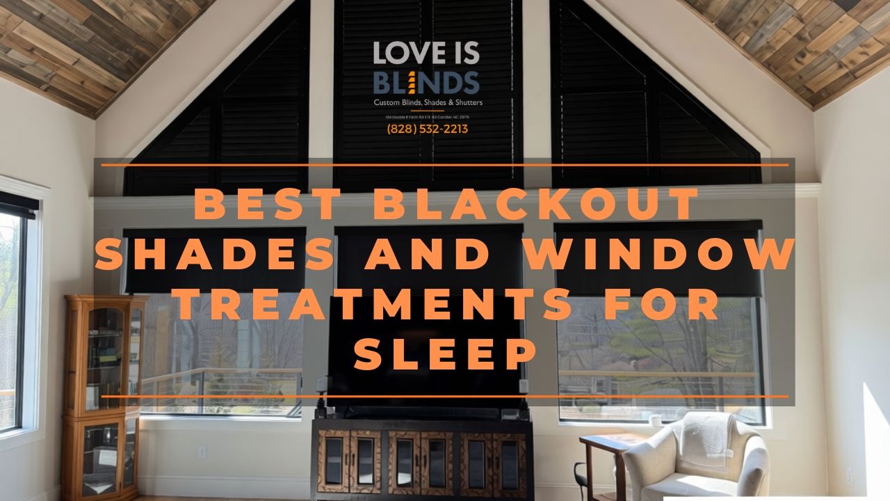 Interior view of a living room with dark blackout window shades and bold text overlay about sleep.