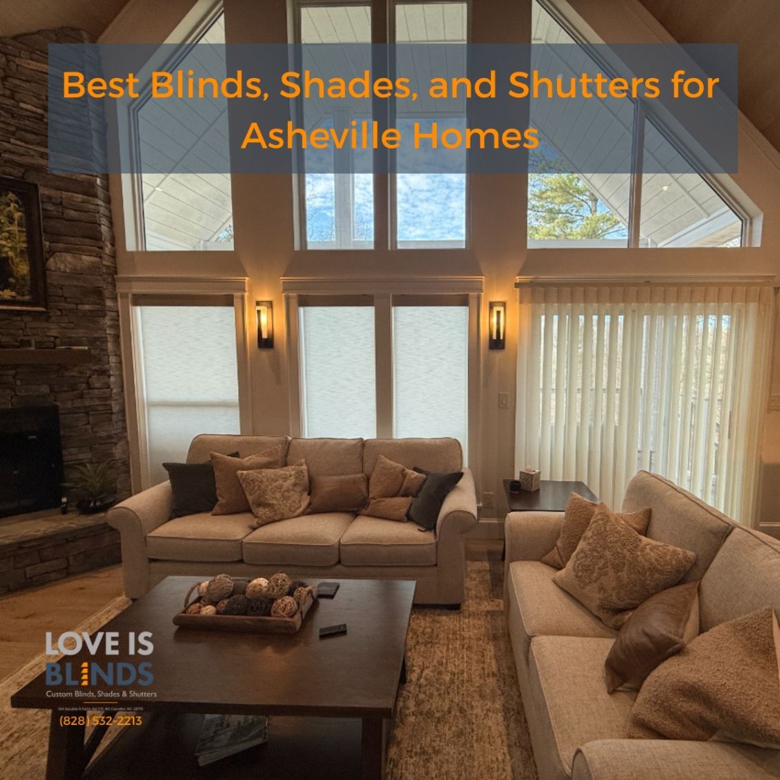 A large living room with vaulted ceilngs has norman smart drapes and solar shades on the windows. 