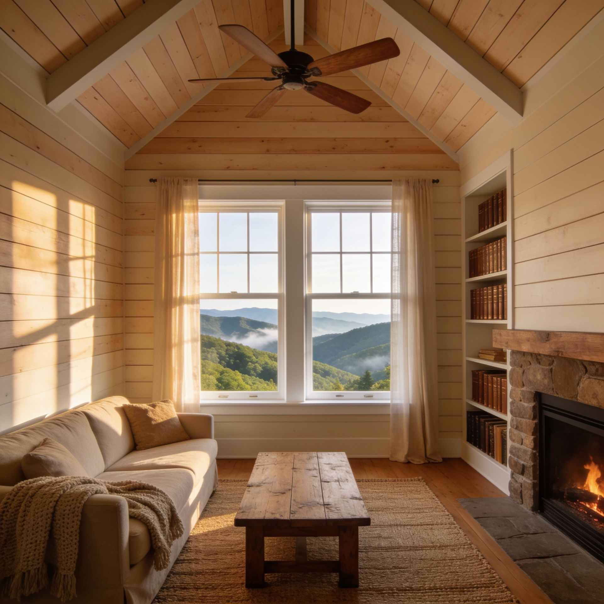 Cozy cabin living room with wood ceiling, fireplace, sofa, and mountain view through large windows