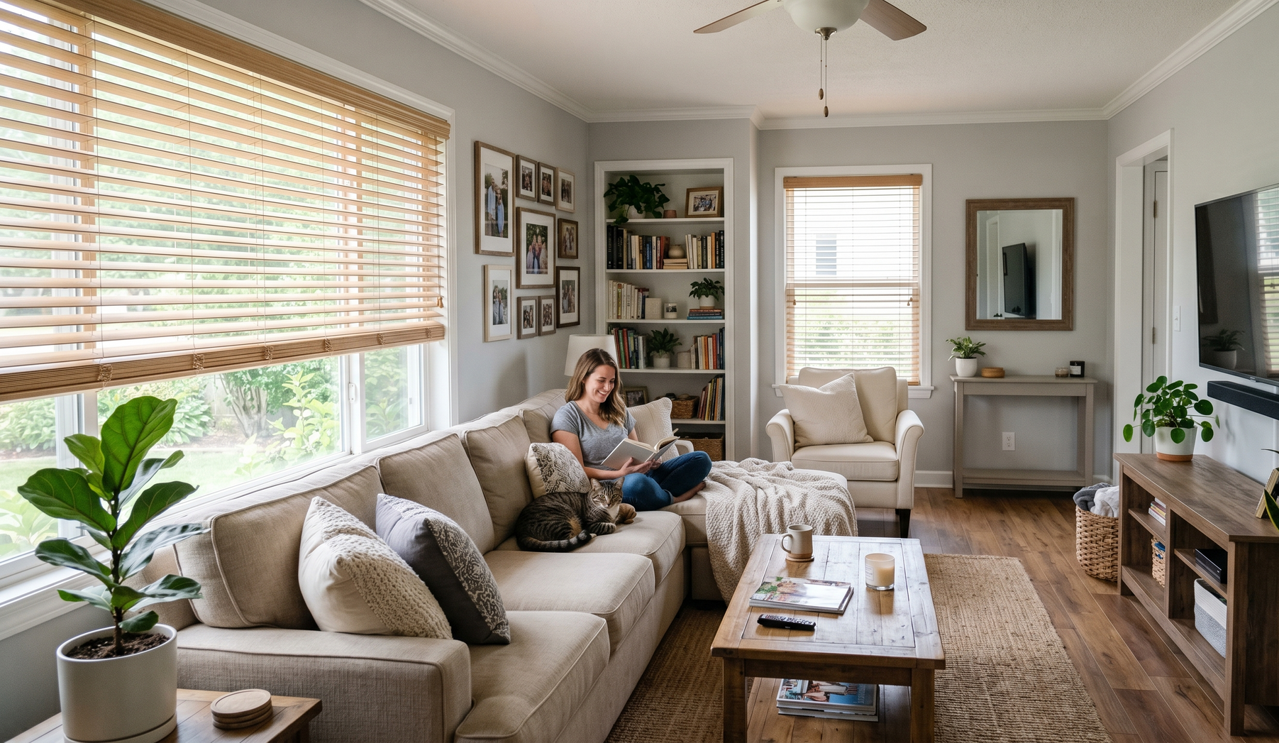 A woman sits on a couch in her living room reading a book, with faux wood blinds on her windows.