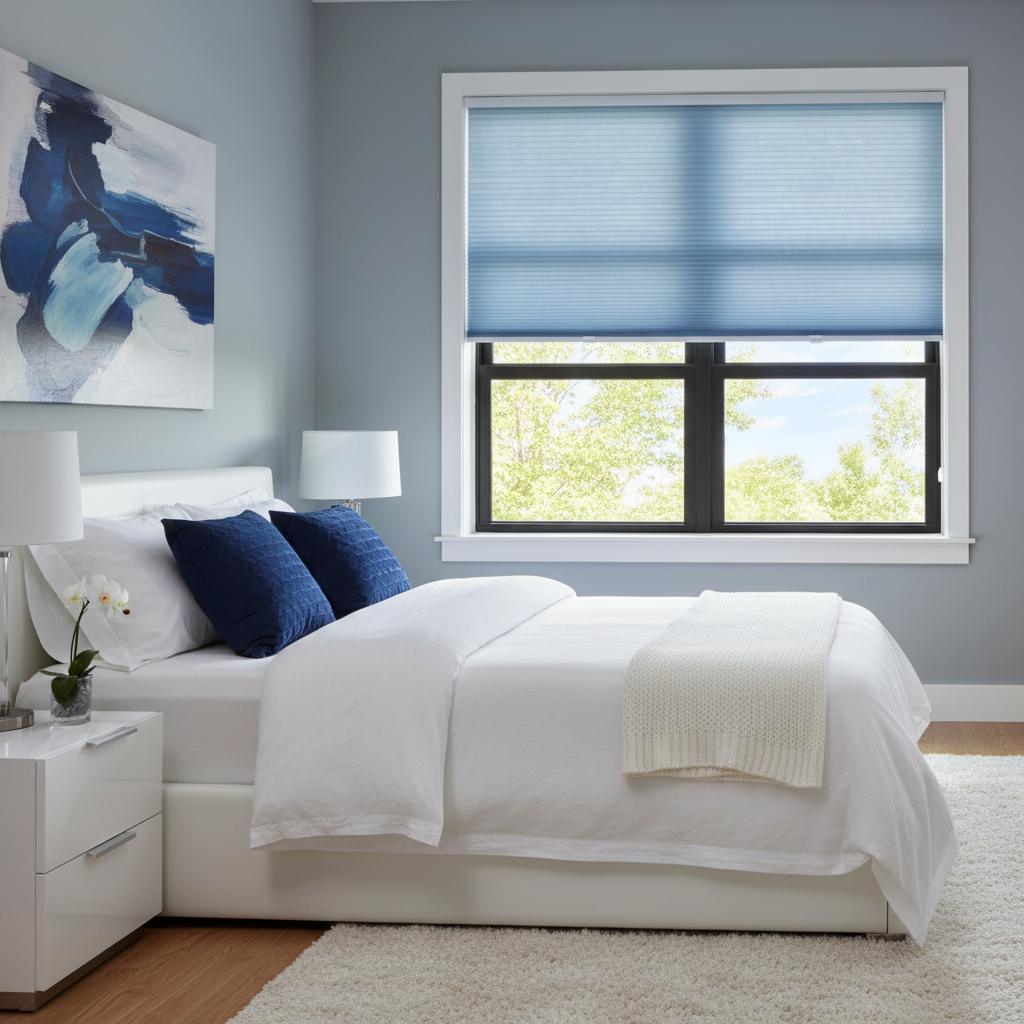 Bright bedroom with a white bed, navy pillows, blue window shade, and ocean artwork.