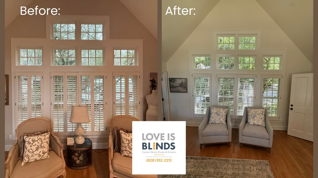 Before-and-after living room with white shutters, bright windows, and two chairs.