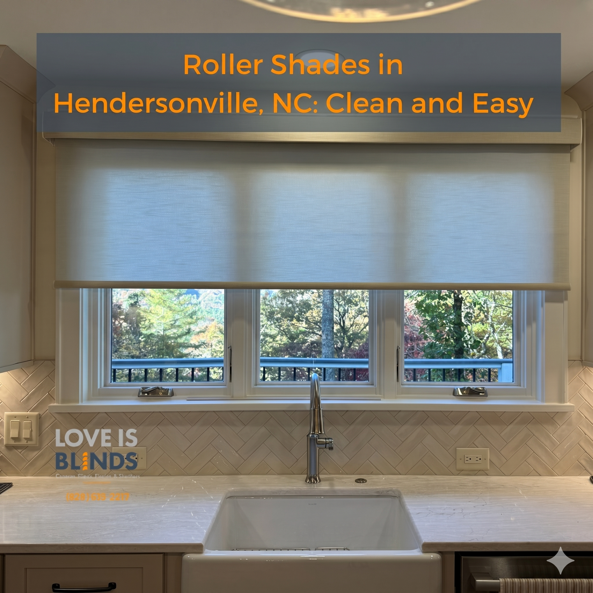 Modern kitchen sink area with white cabinets, window, and roller shade above the counter