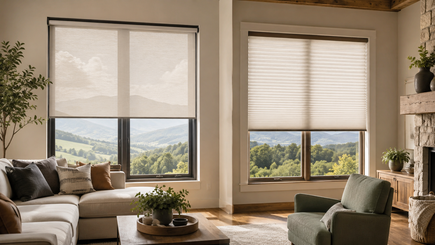 Cozy living room with large windows, beige shades, sofa, armchair, and mountain view