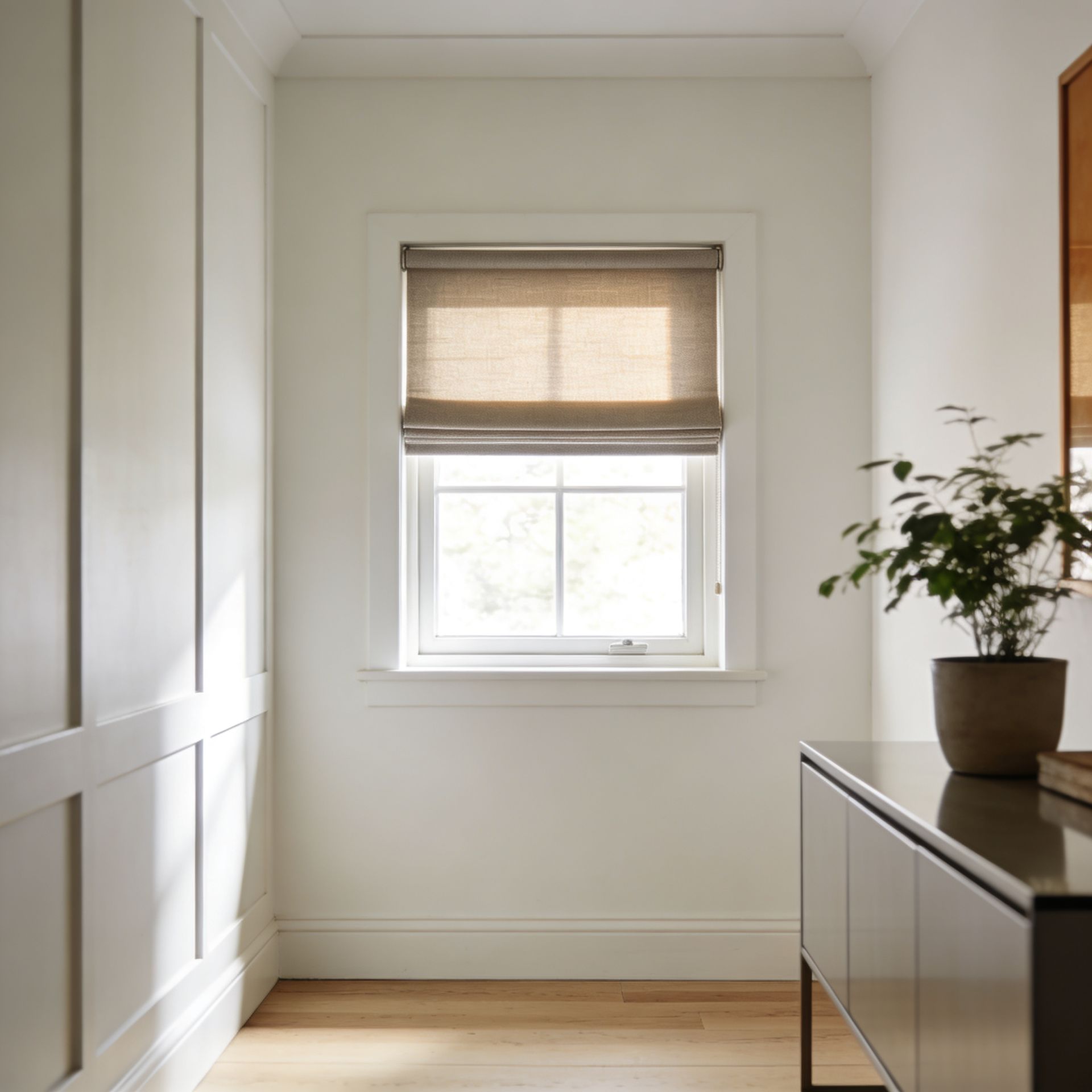 Minimal hallway with white walls, wood floor, a small window with roman shades.
