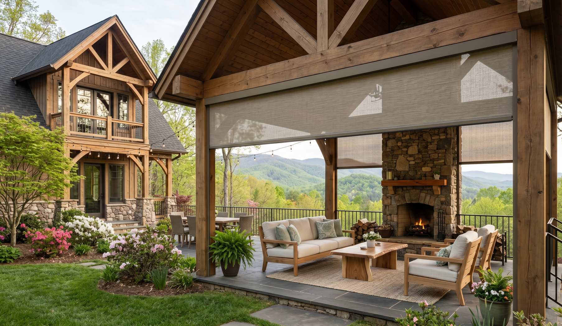 Covered outdoor patio with stone fireplace, exterior patio shades, and mountain views.