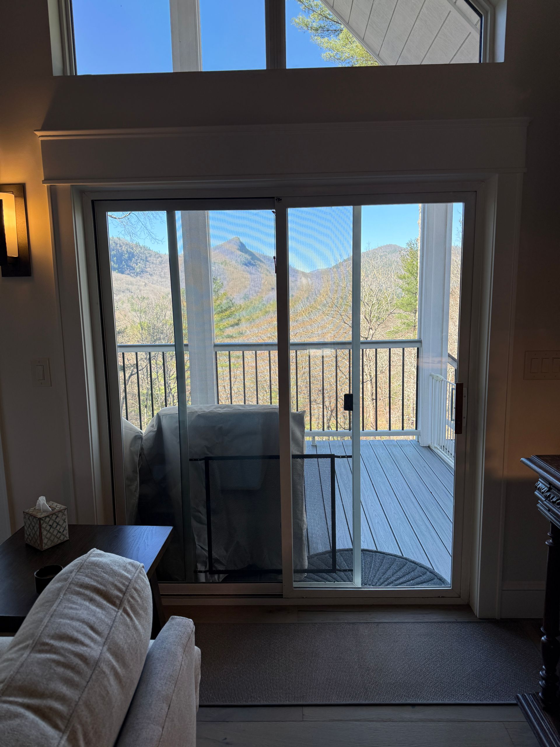 Before: untreated sliding glass door overlooking Blue Ridge mountain view in Sapphire NC living room