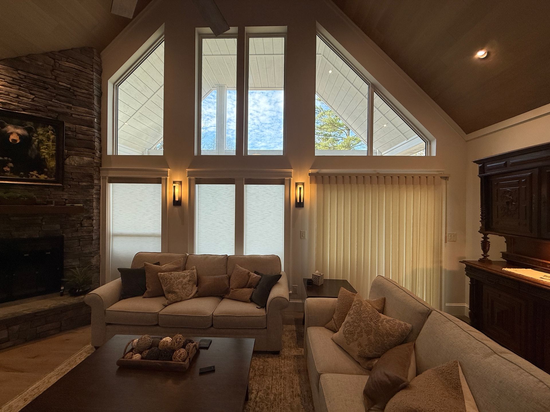 After: Norman® SmartDrapes® closed on sliding glass door — elegant vertical blind replacement in Sapphire NC mountain home
