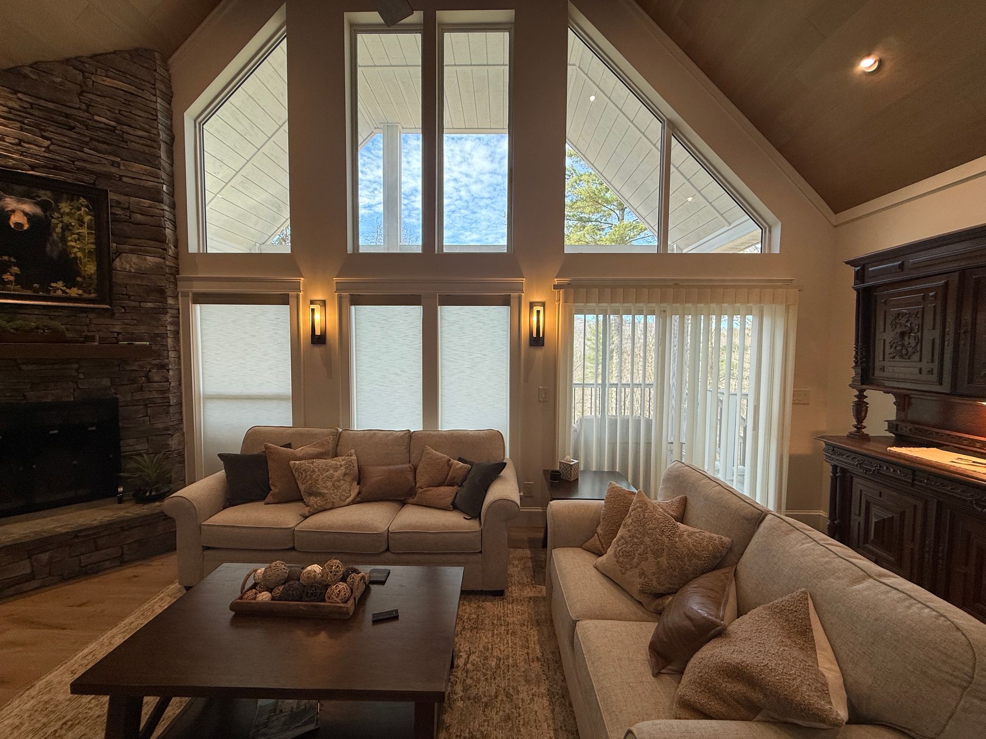 After: Norman® SmartDrapes® open on sliding glass door showing Blue Ridge mountain view — Love is Blinds NC installation in Sapphire NC