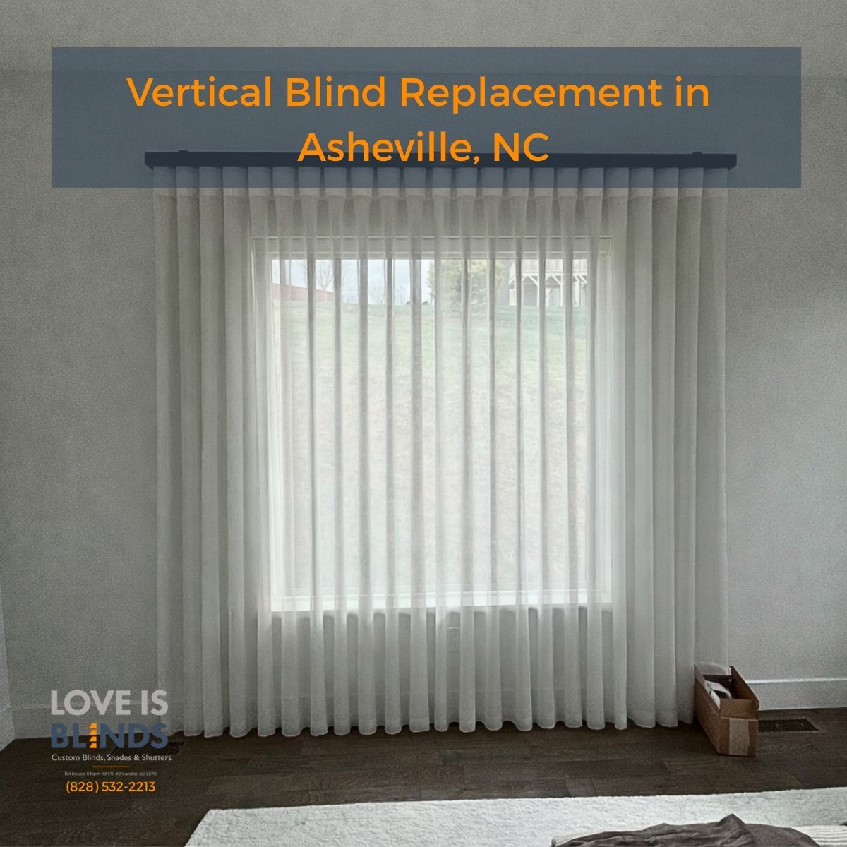 Norman® SmartDrape® installed over a bright window with “LIB Asheville, NC” text 