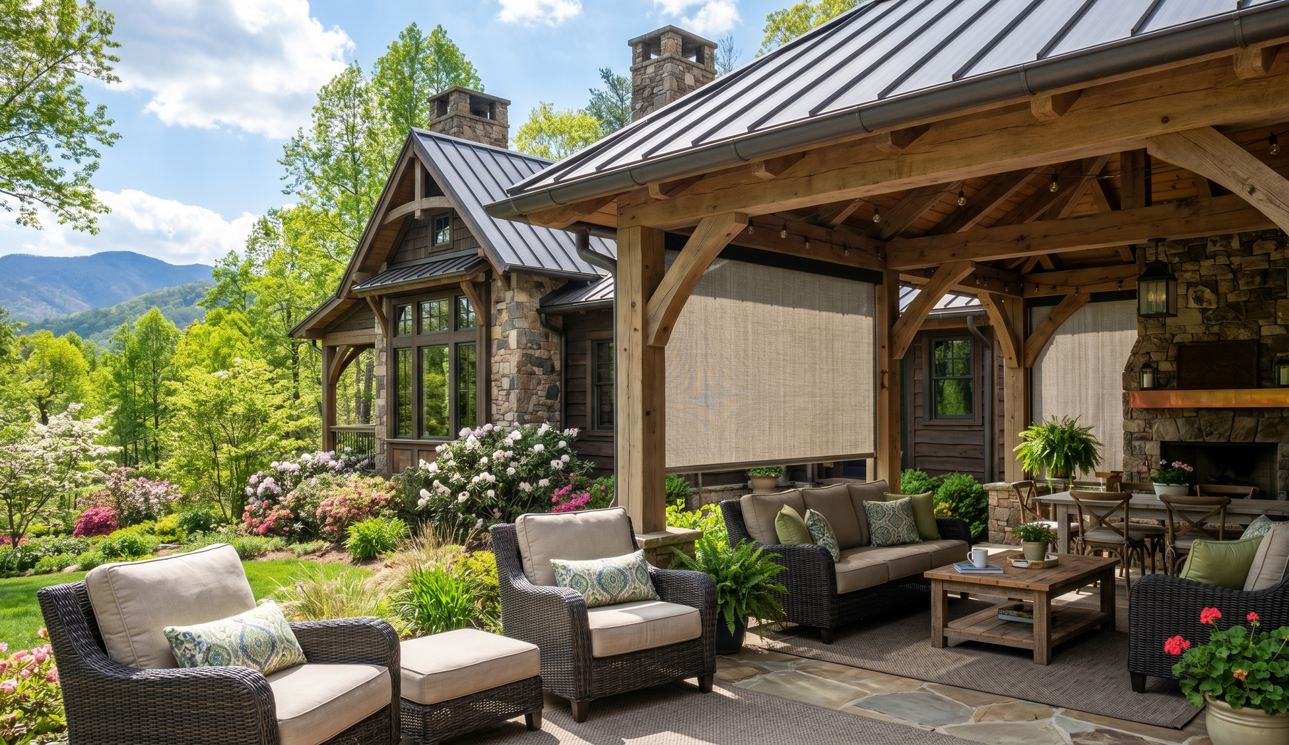 Mountain-view stone patio with wicker seating, exterior patio shades, and a covered wooden outdoor lounge area
