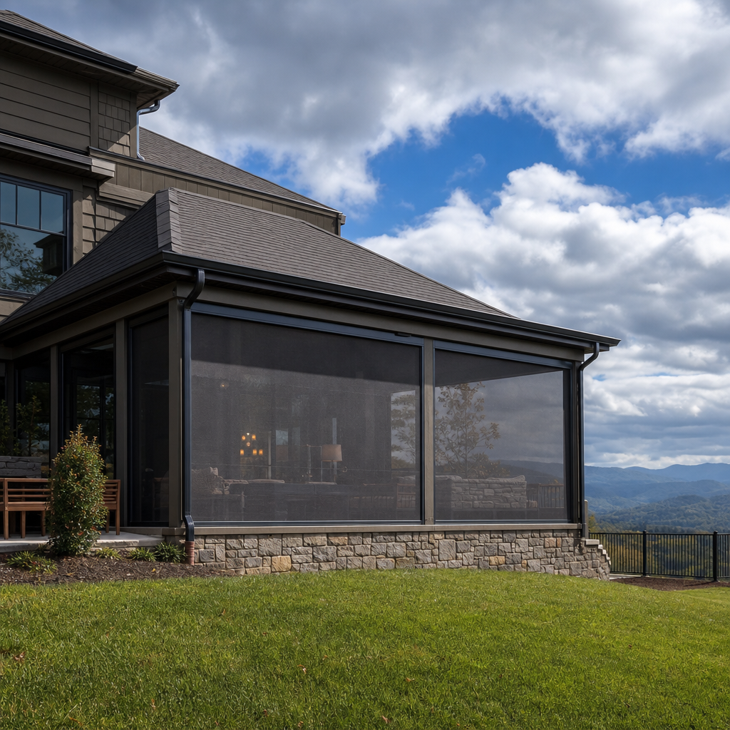 Modern house with screened porch, stone base, green lawn, and mountain view under a cloudy blue sky