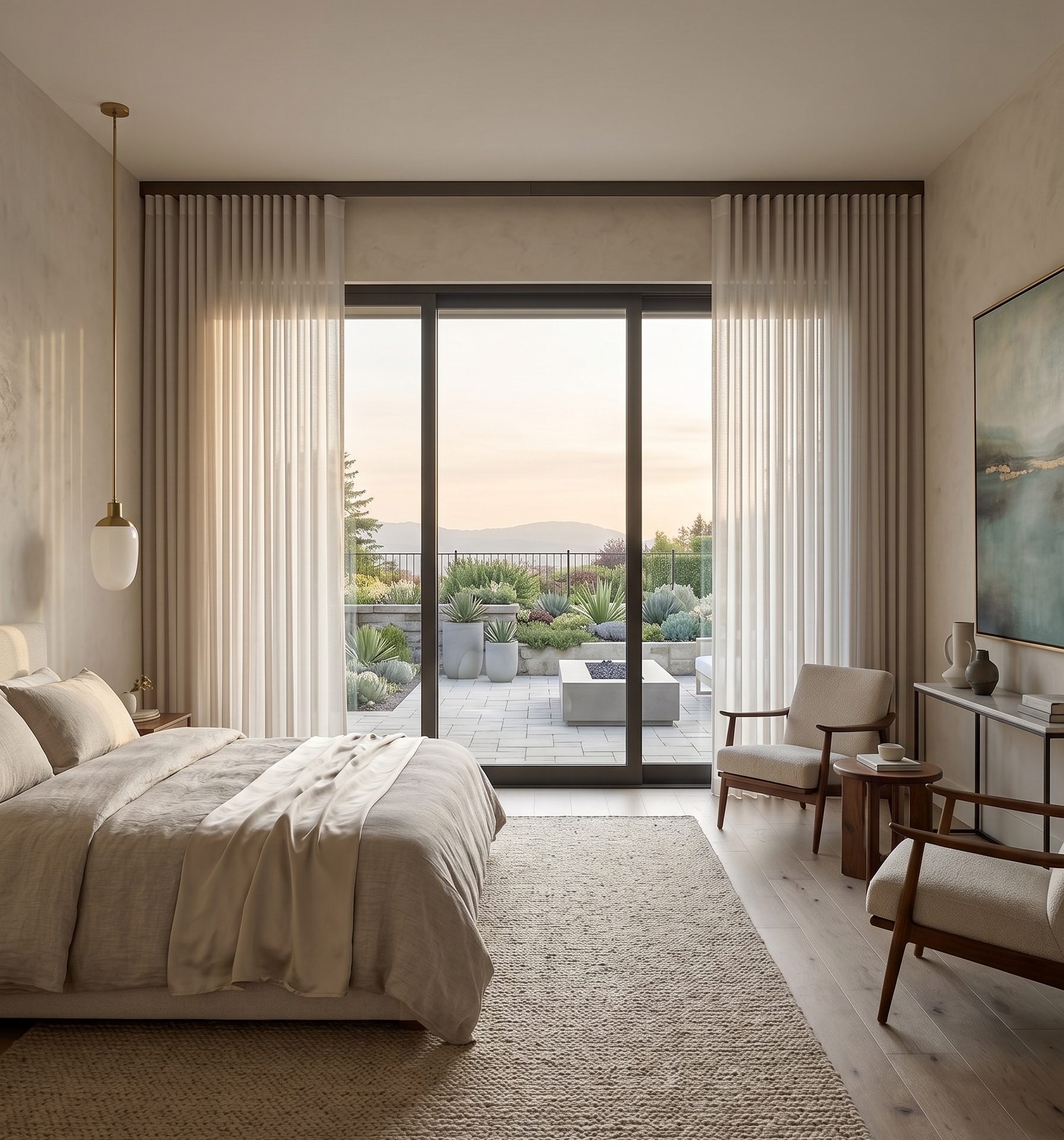 Minimalist bedroom with bed, chair, rug, and sliding glass doors with Norman SmartDrapes.