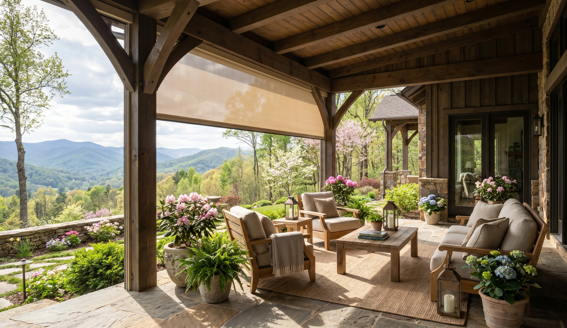 Covered porch with wicker chairs and exterior patio shades, overlooking a scenic mountain valley