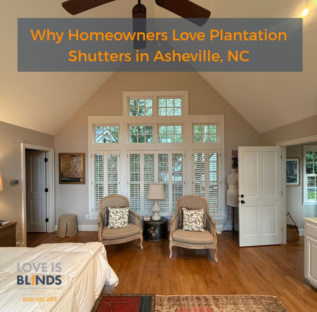Bright living room with plantation shutters and large windows, captioned 