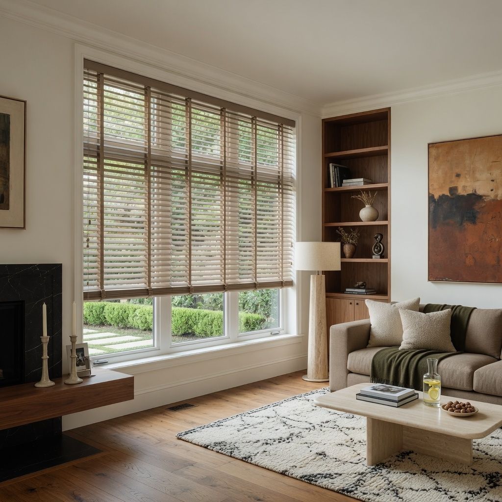 Cozy living room with large window blinds, fireplace, built-in shelves, and a beige sofa on a patterned rug.