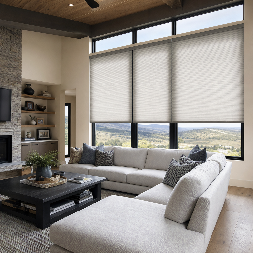 Modern living room with white sectional, black coffee table, fireplace, and large windows with roller shades. 