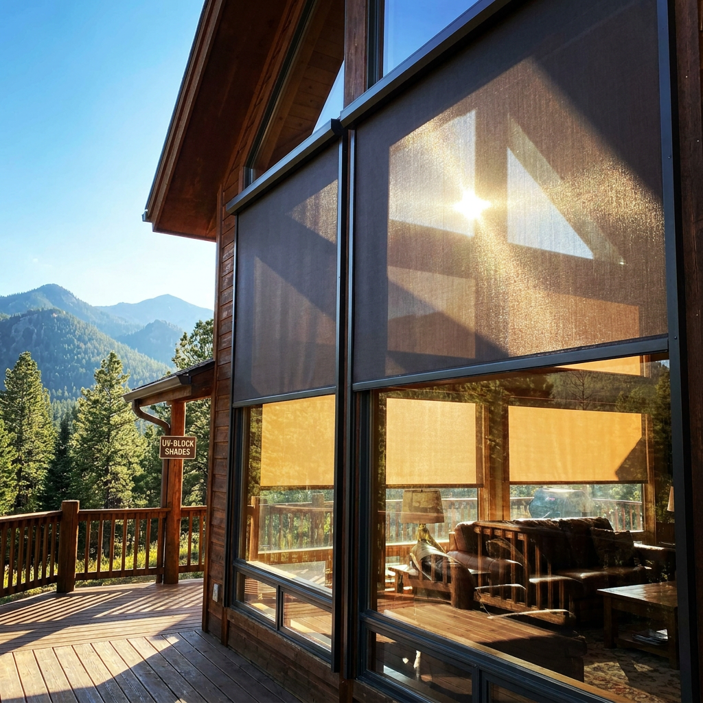 Wooden deck beside a modern house, with mountain views and sun streaming through the roller shades.