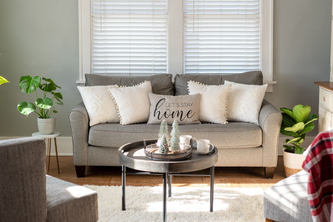 Cozy living room with gray sofa, white pillows, round coffee table, plants, and sunlight.