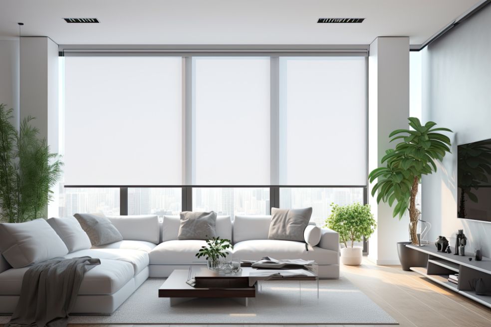 A white living room has elegant roller shades over large windows. 