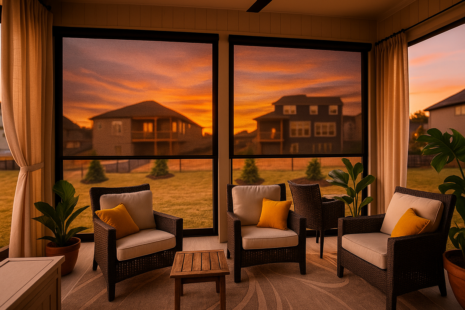 Outdoor entertainment setup: retractable screen, patio, seating, brick building, sunny day.