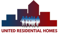 The logo for united residential homes shows a group of people standing in front of a building