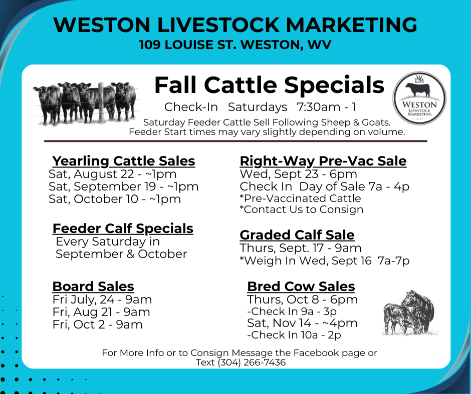 Advertisement for Weston Livestock Marketing's Fall Cattle Specials, including sales dates, times, and contact information.