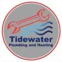 A logo for tidewater plumbing and heating with a wrench and waves.