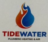 A logo for tidewater plumbing and heating with a wrench and waves.