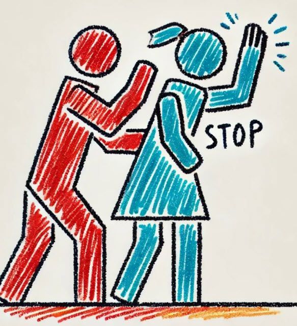 A drawing of a man and a woman with the word stop on the bottom