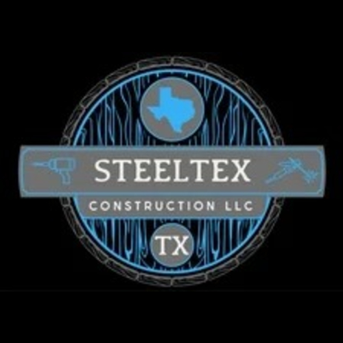Logo for Steeltex Construction LLC; blue and gray with a Texas outline and construction tools.