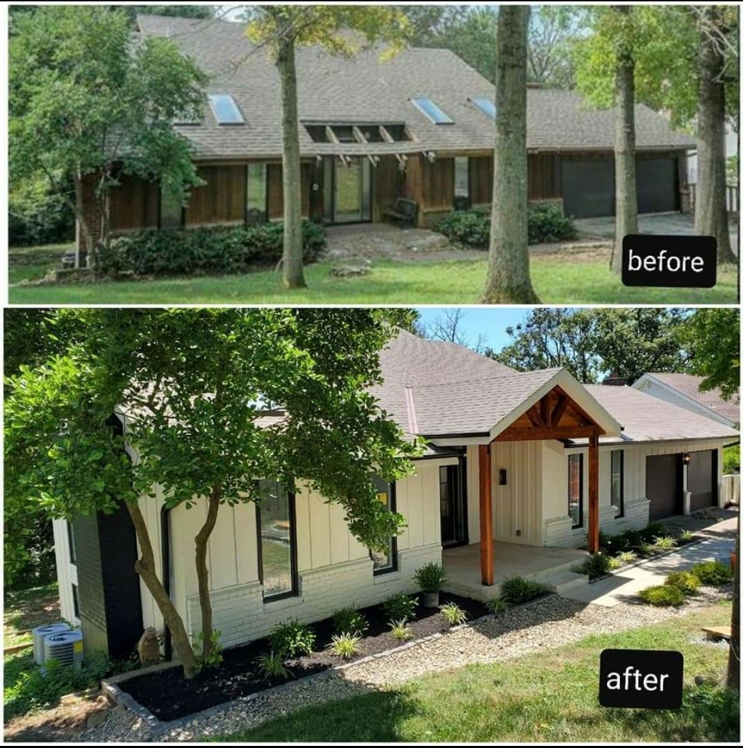 A before and after picture of a house with a porch.