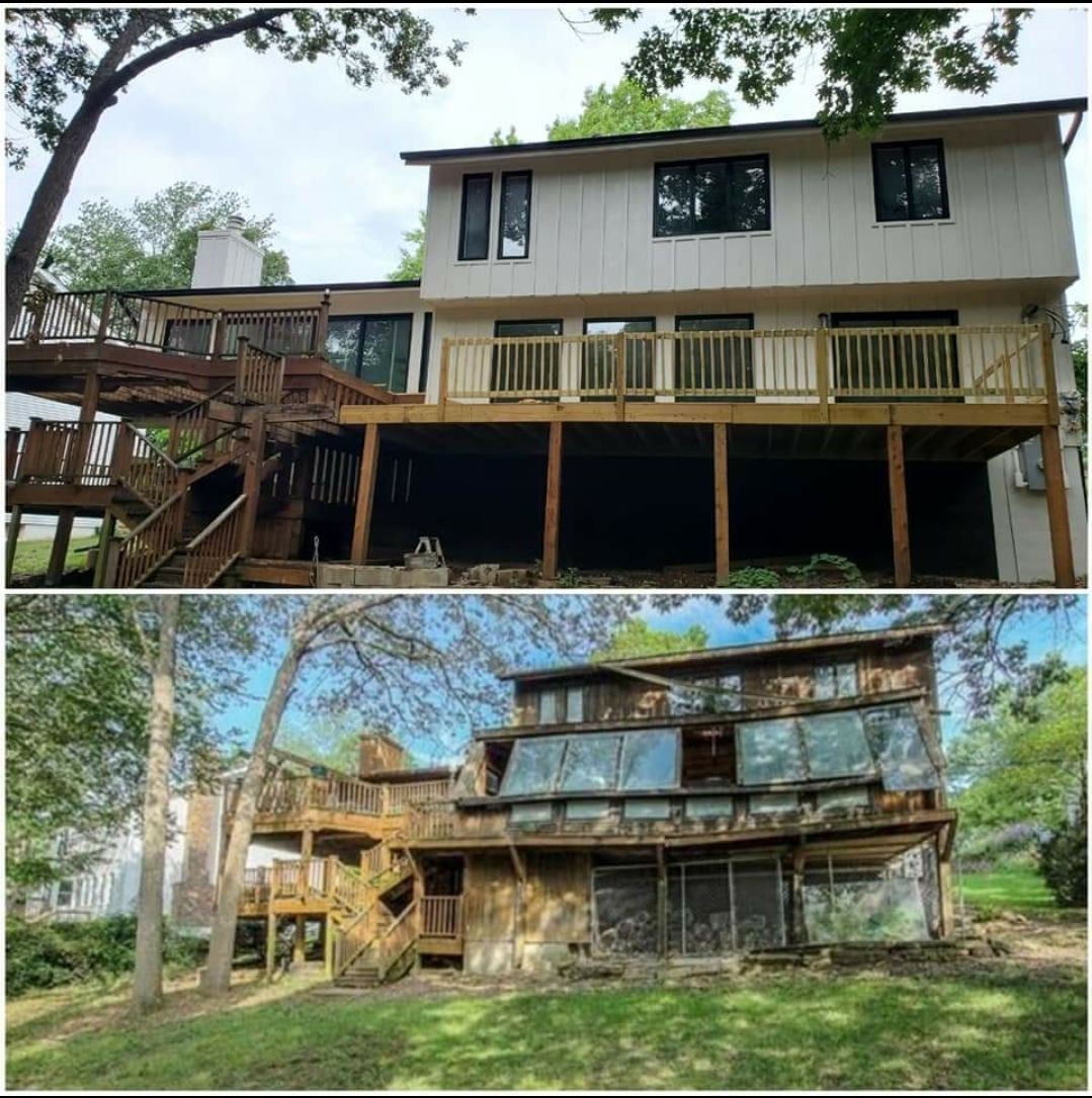 A before and after picture of a house with a deck.