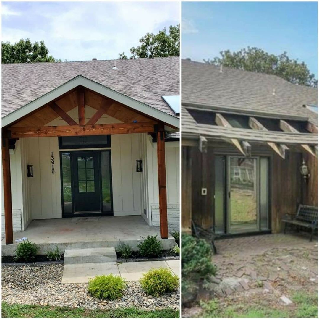 A before and after picture of a house with a porch.