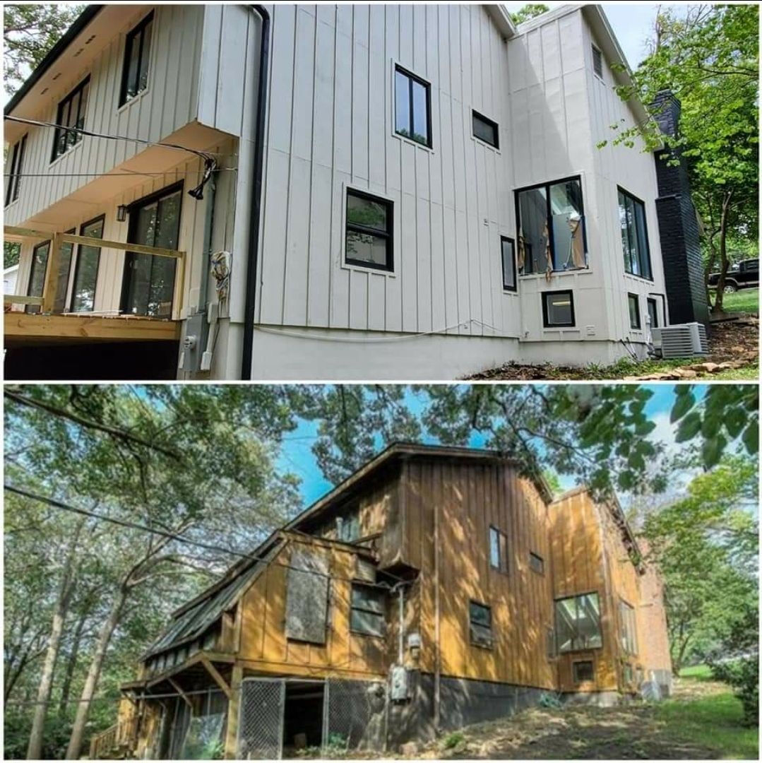 A before and after picture of a house that has been painted white.