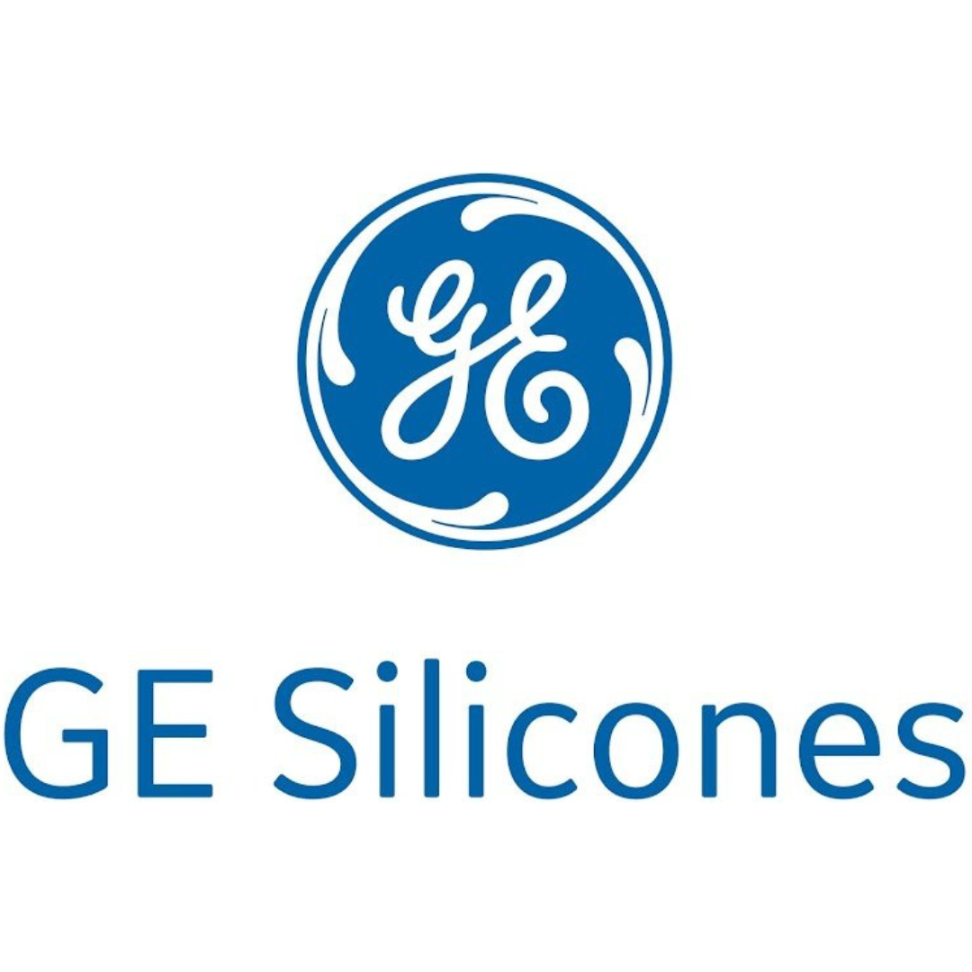The logo for ge silicones is blue and white