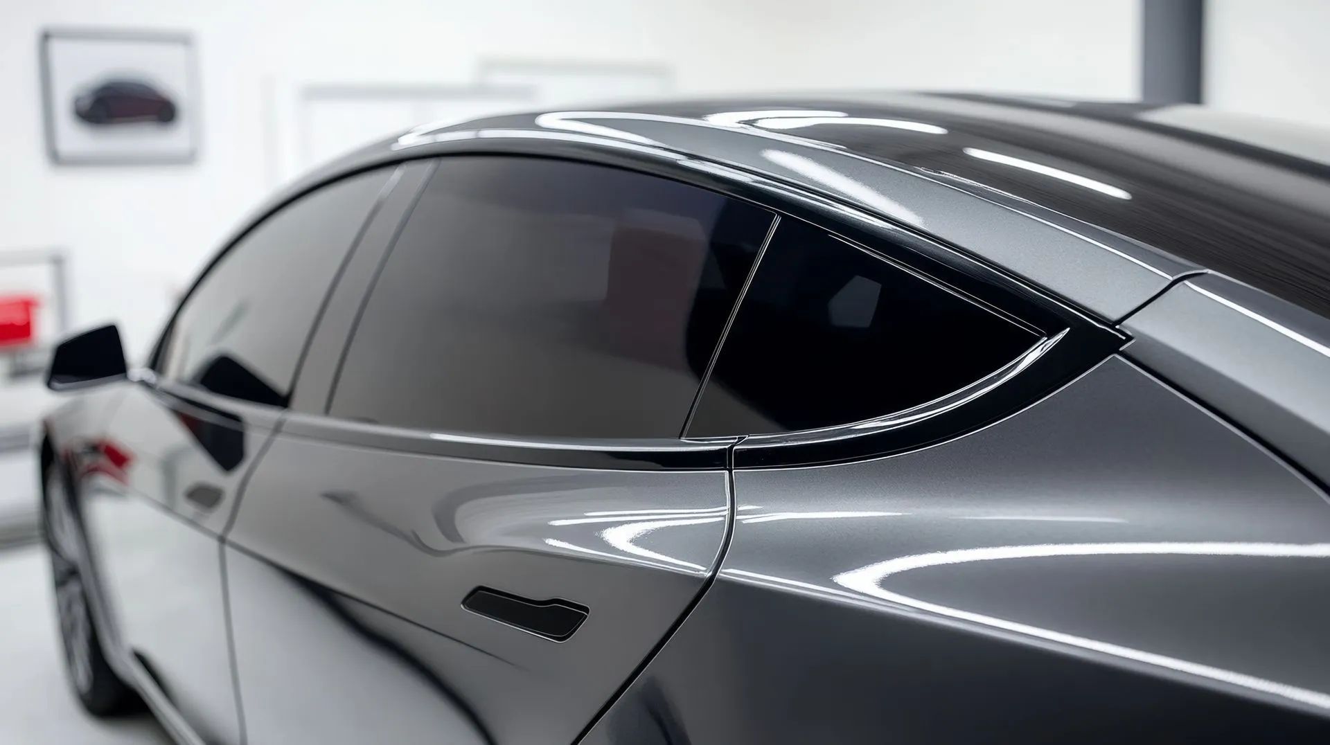 Dark gray Tesla car with tinted windows, close-up shot of the rear side.