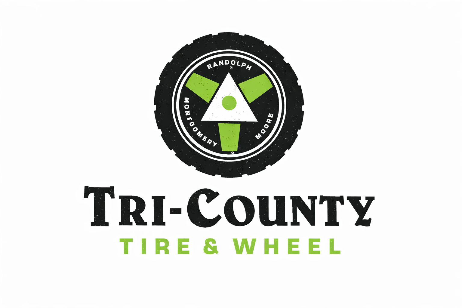 Logo for Tri-County Tire & Wheel: Tire graphic with green triangle, text below in black and green.