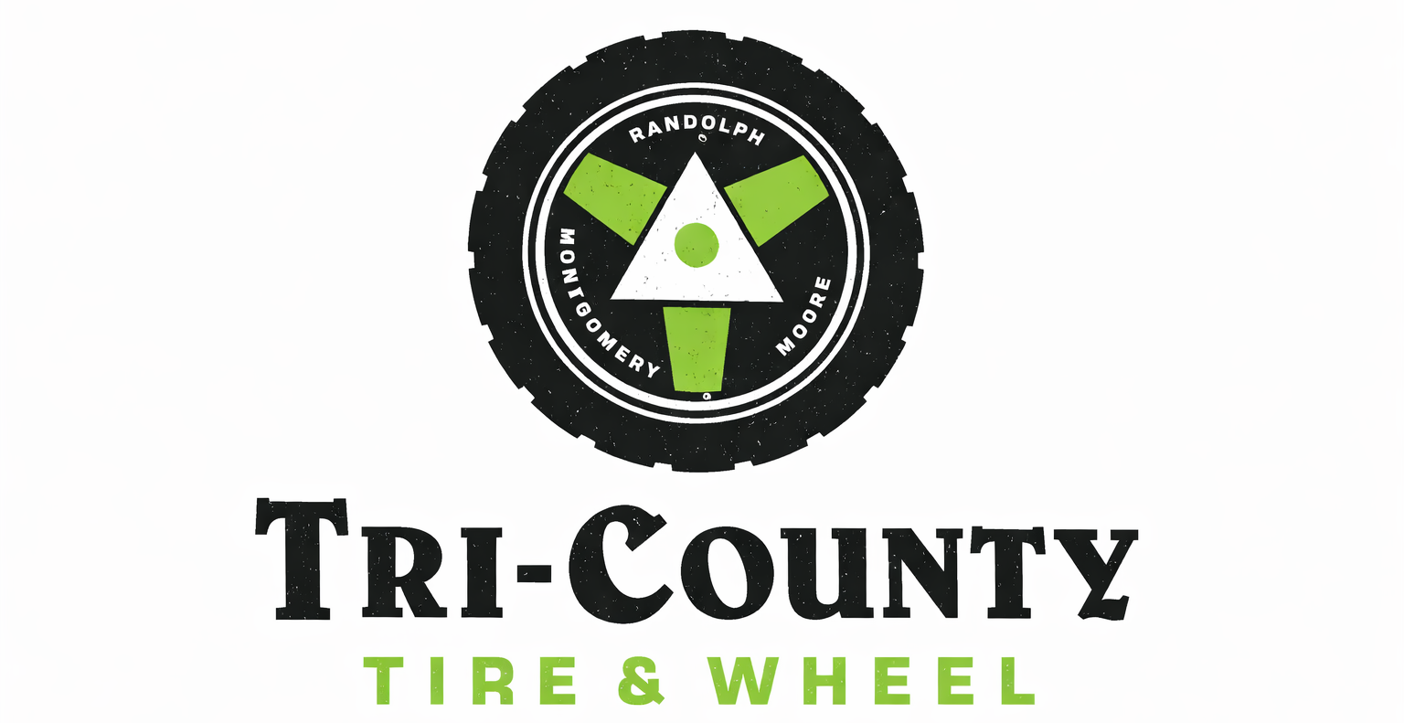 Logo for Tri-County Tire & Wheel. Black tire rim surrounds a green, white, and black geometric design.