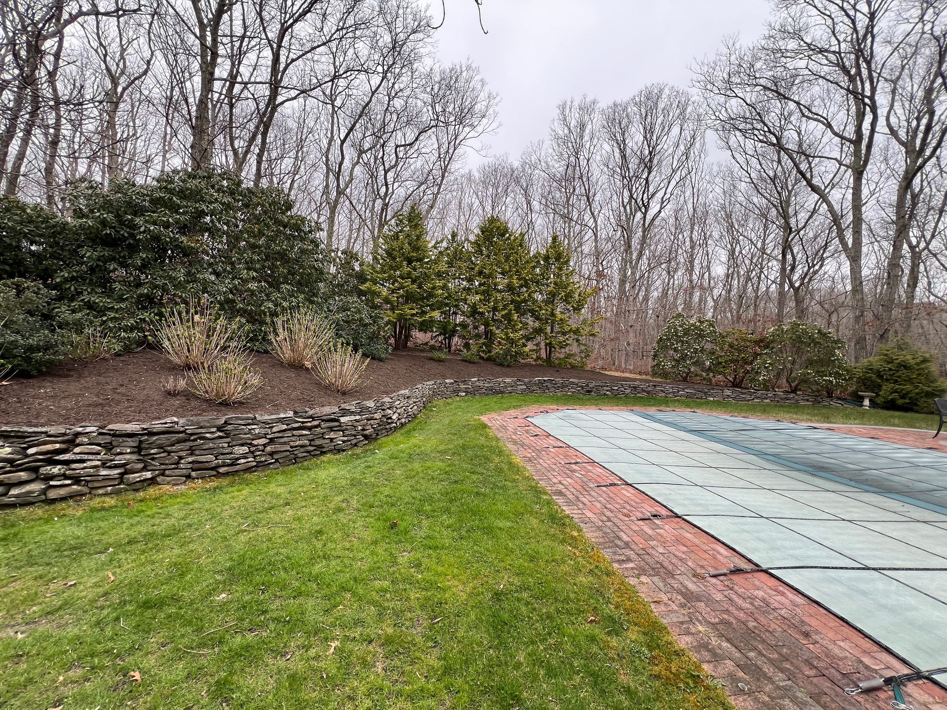 A swimming pool covered in a green cover in a backyard with trees in the background.
