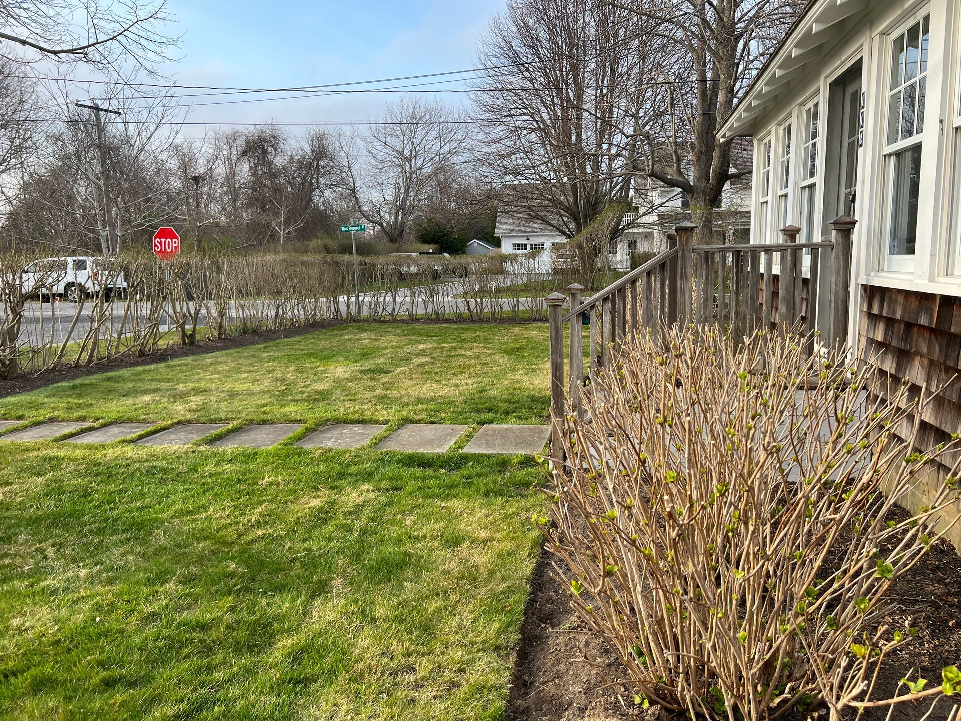A house with a large lawn and a wooden deck.