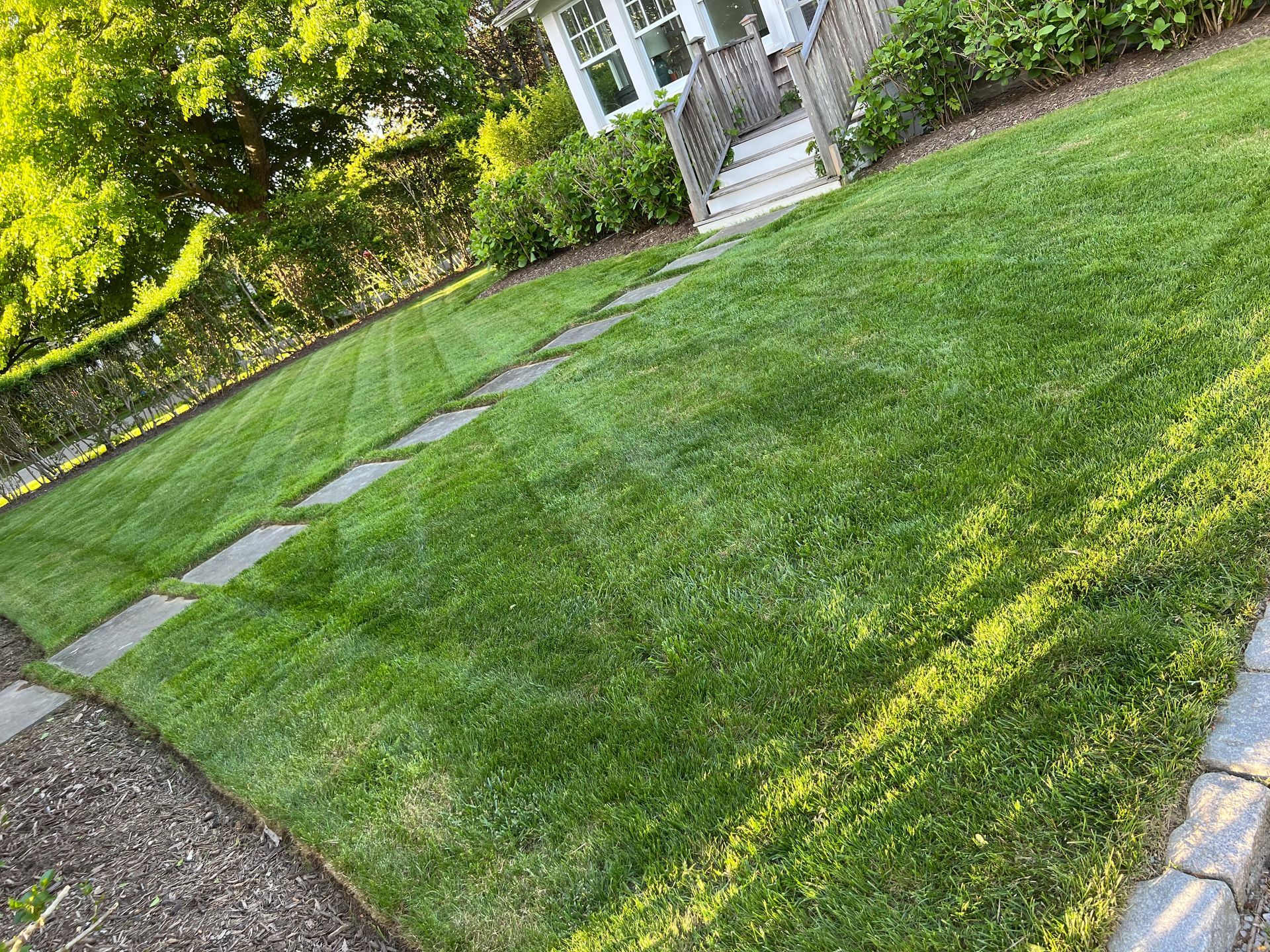 A lush green lawn with a stone walkway leading to a house.