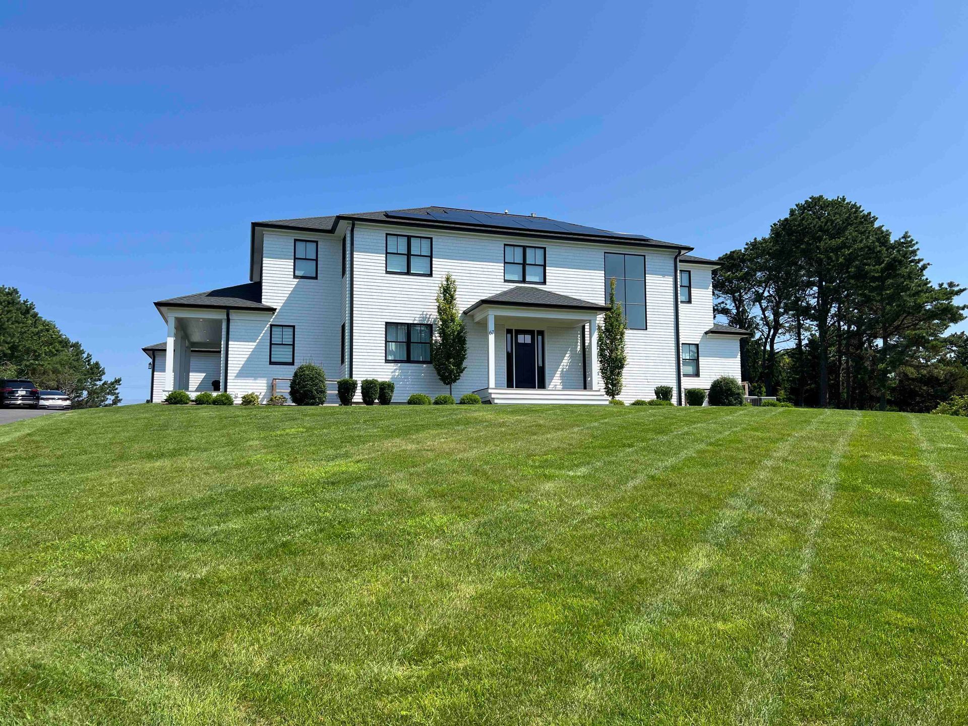 A lush green lawn with a few trees in the background.