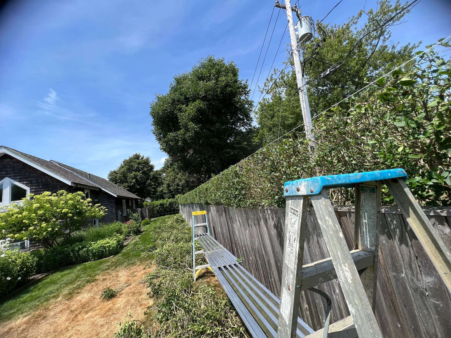 A ladder is leaning against a wooden fence next to a house.