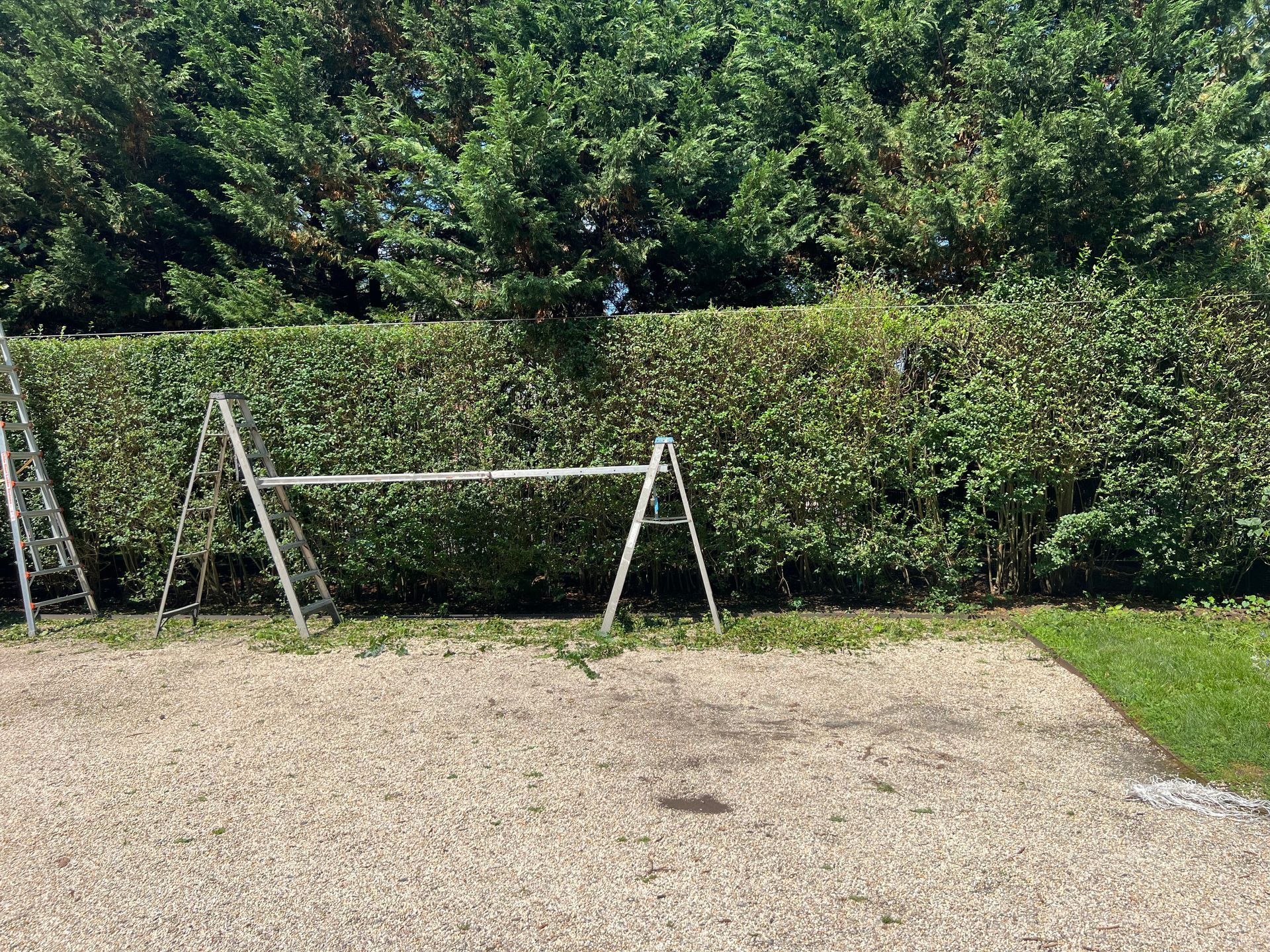 A swing set is sitting in the middle of a gravel yard in front of a hedge.