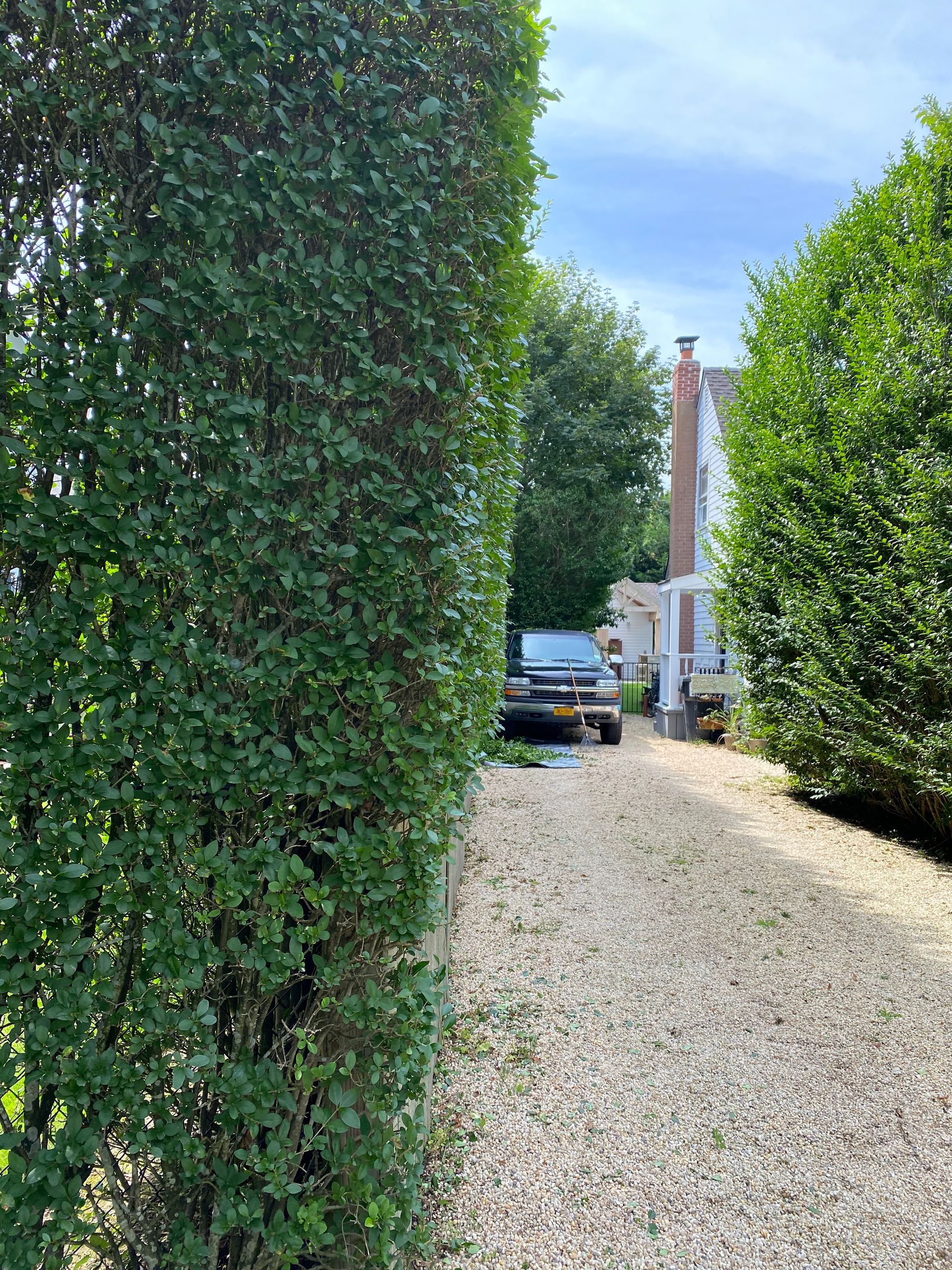 A car is parked on the side of a gravel driveway next to a hedge.